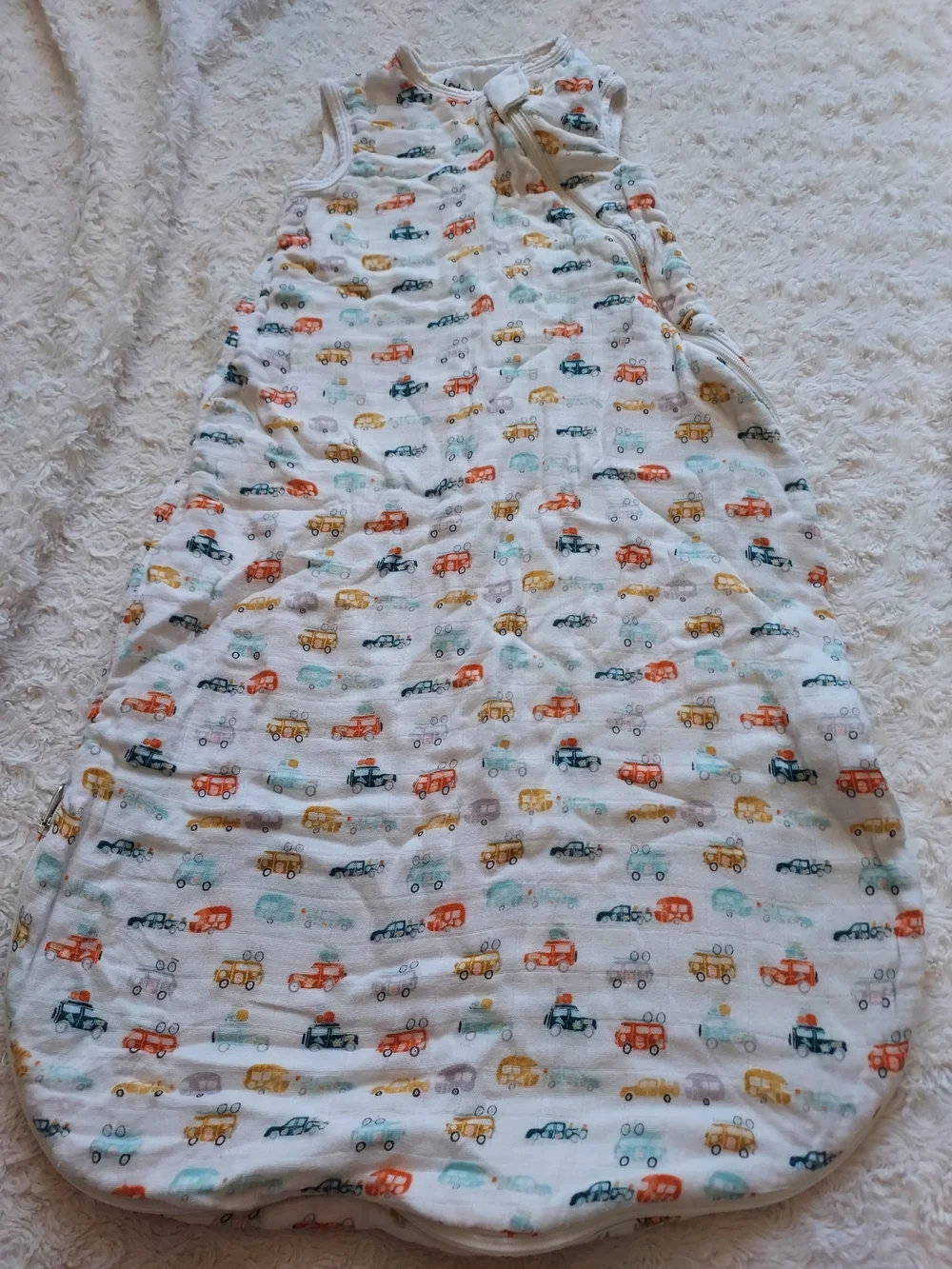 Loulou Lollipop Bamboo Muslin White Sleep Sack Colorful Car Truck Print 0-6mo